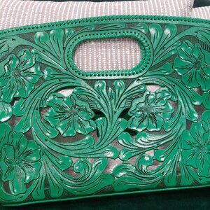 Leather hand carved purse green origenes brandname